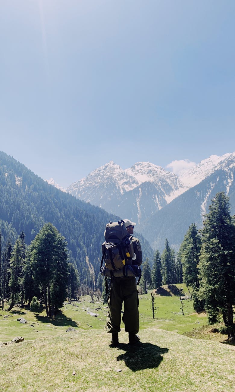 hiker in pahalgam s majestic mountainous landscape